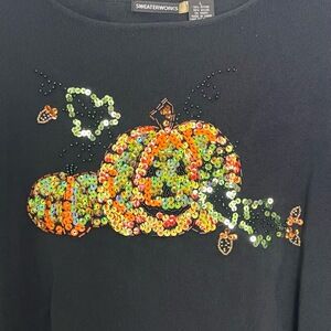 American Vintage Black Sequin‎ Pumpkin Halloween Long Sleeve Pullover Sweater L